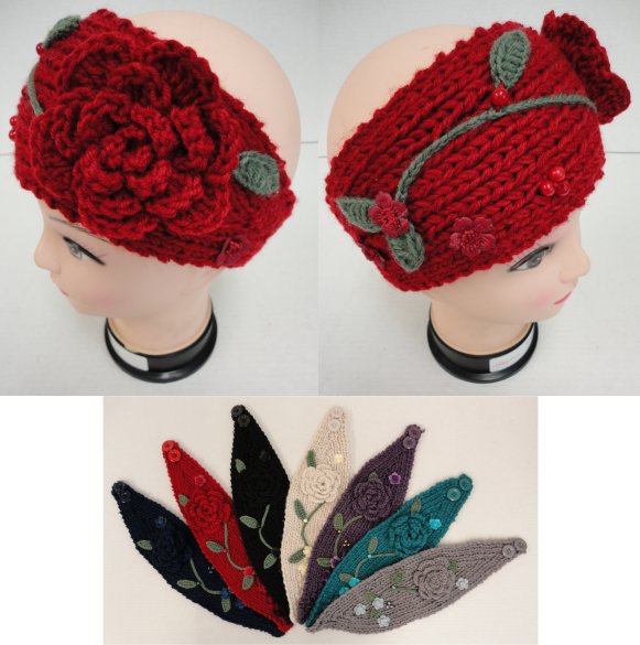Hand Knitted Ear Band--Flower & Leaves
